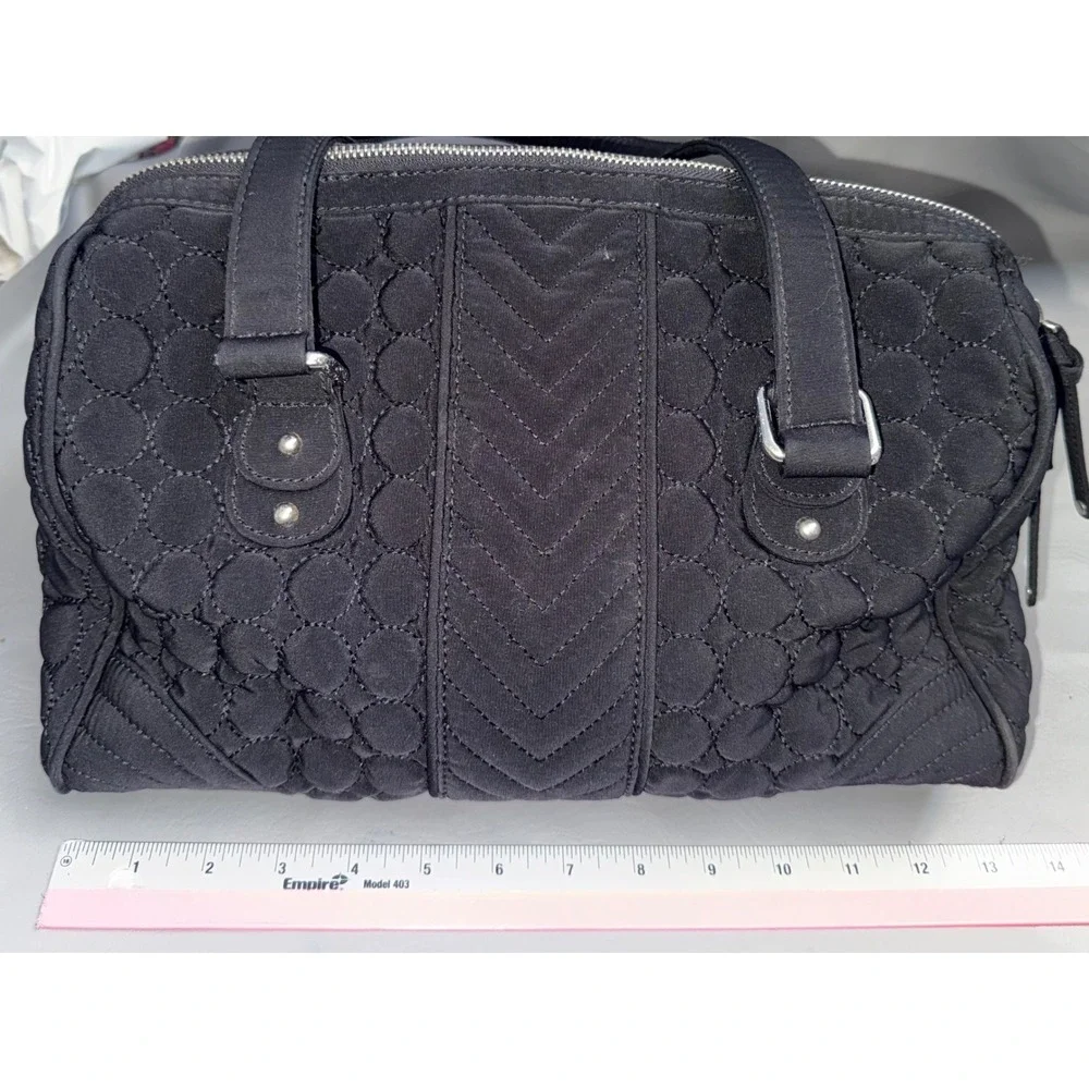 Vera Bradley Black Quilted Microfiber Satchel Floral Lining Handbag Silver Logo